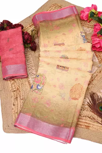 beige multicolor shimmer handloom cotton blend saree with floral print