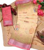 beige multicolor shimmer handloom cotton blend saree with floral print (t sfhcs322)