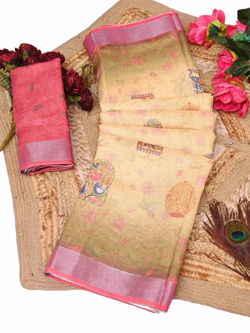 beige multicolor shimmer handloom cotton blend saree with floral print (t sfhcs322)