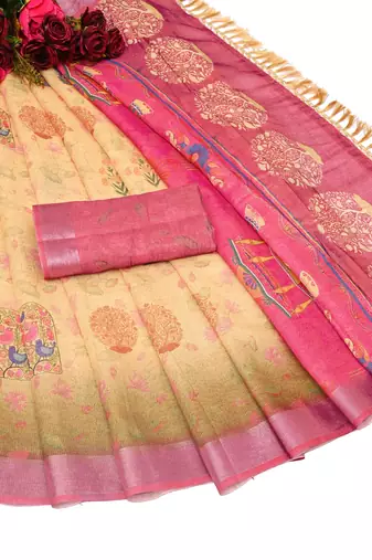 beige multicolor shimmer handloom cotton blend saree with floral print