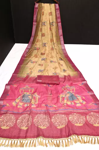 beige multicolor shimmer handloom cotton blend saree with floral print