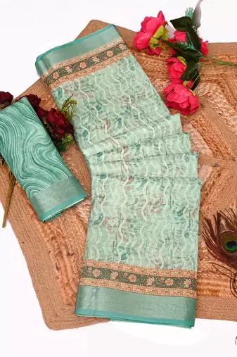 green multicolor shimmer handloom cotton blend saree floral print (t sfhcs320)