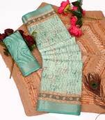 green multicolor shimmer handloom cotton blend saree floral print (t sfhcs320)