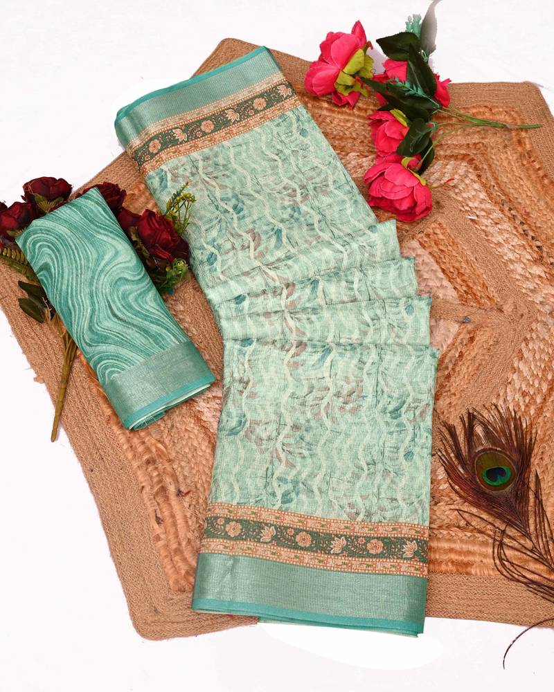 green multicolor shimmer handloom cotton blend saree floral print (t sfhcs320)