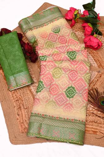 beige shimmer handloom cotton blend saree tonal floral print