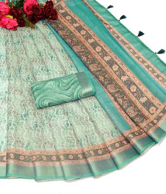 green multicolor shimmer handloom cotton blend saree floral print (t sfhcs320) 2