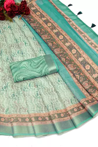green multicolor shimmer handloom cotton blend saree floral print (t sfhcs320)