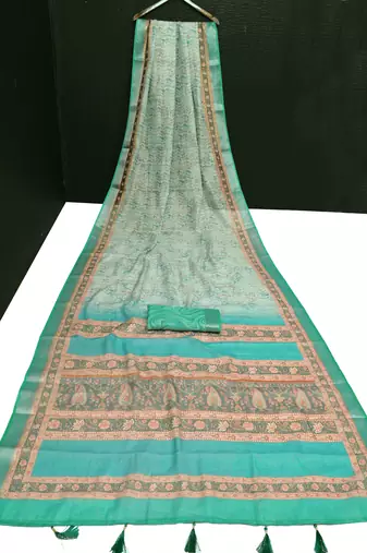 green multicolor shimmer handloom cotton blend saree floral print (t sfhcs320)