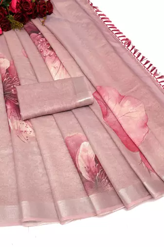 pink multicolor shimmer handloom cotton blend saree ethnic border print