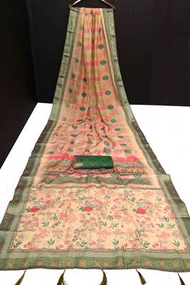 beige shimmer handloom cotton blend saree tonal floral print (t sfhcs319) 3