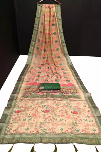 beige shimmer handloom cotton blend saree tonal floral print (t sfhcs319)