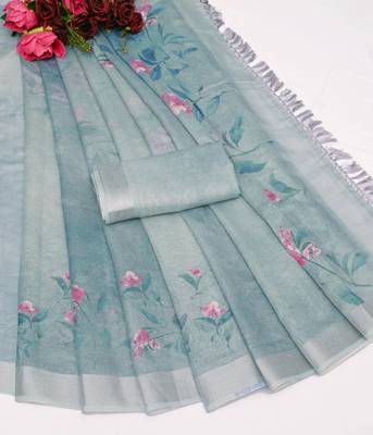 grey multicolor shimmer handloom cotton blend saree floral print 2