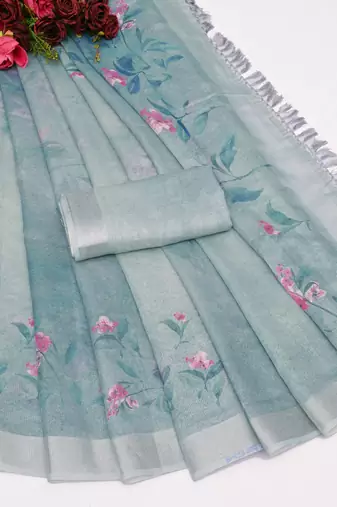 grey multicolor shimmer handloom cotton blend saree floral print