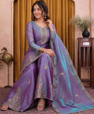 Lavender purple fendy silk sequence embriordered sharara suit 3
