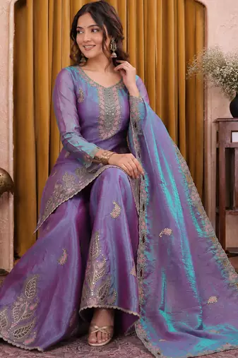 Lavender purple fendy silk sequence embriordered sharara suit