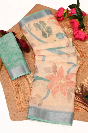 sea green multicolor shimmer handloom cotton blend digital print saree