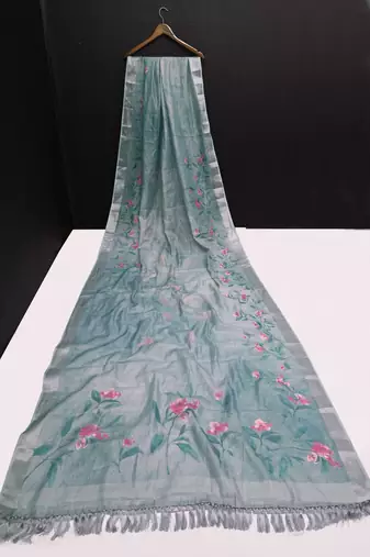 grey multicolor shimmer handloom cotton blend saree floral print