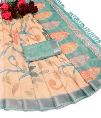 sea green multicolor shimmer handloom cotton blend digital print saree (t sfhcs315) 2