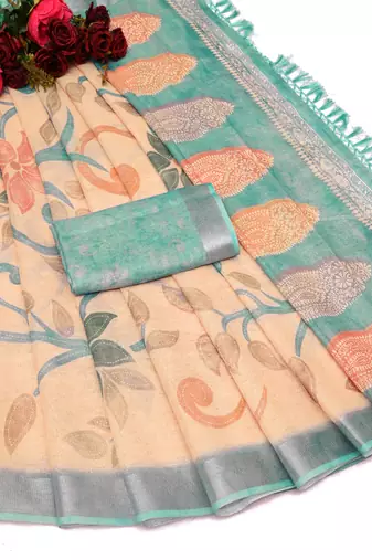 sea green multicolor shimmer handloom cotton blend digital print saree