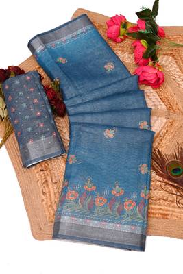 teal shimmer handloom cotton blend saree tonal watercolor print 1