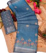 teal shimmer handloom cotton blend saree tonal watercolor print