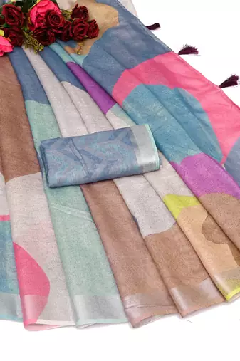 multicolor shimmer handloom cotton blend digital print saree