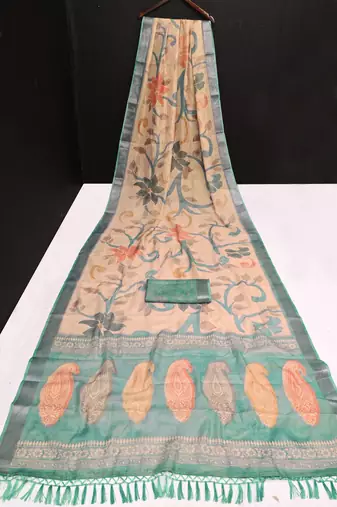 sea green multicolor shimmer handloom cotton blend digital print saree