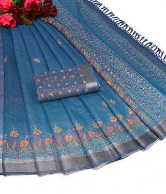 teal shimmer handloom cotton blend saree tonal watercolor print 2
