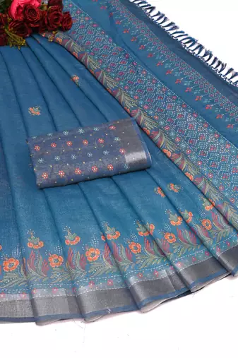 teal shimmer handloom cotton blend saree tonal watercolor print