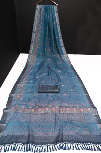teal shimmer handloom cotton blend saree tonal watercolor print