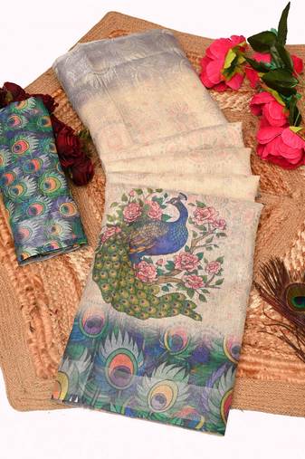 beige green multicolor shimmer handloom cotton blend digital print saree