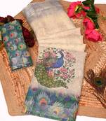 beige green multicolor shimmer handloom cotton blend digital print saree (t sfhcs312)