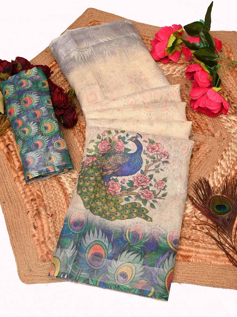 beige green multicolor shimmer handloom cotton blend digital print saree (t sfhcs312)
