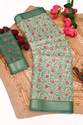 sea green shimmer handloom cotton blend saree tonal print
