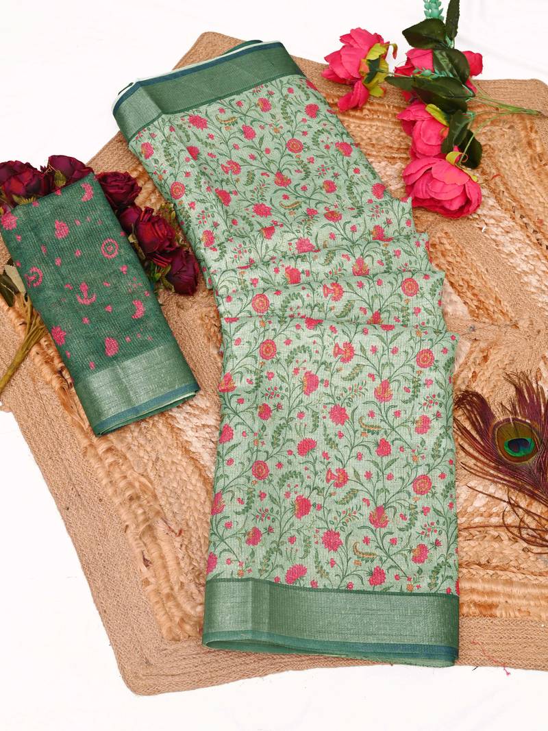 sea green shimmer handloom cotton blend saree tonal print