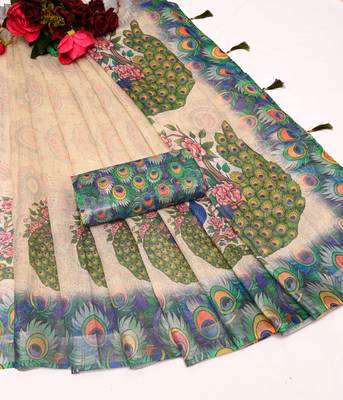 beige green multicolor shimmer handloom cotton blend digital print saree (t sfhcs312) 2