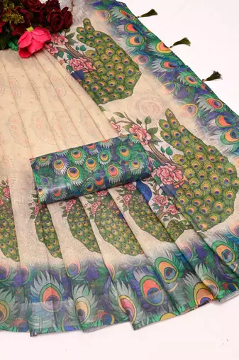 beige green multicolor shimmer handloom cotton blend digital print saree