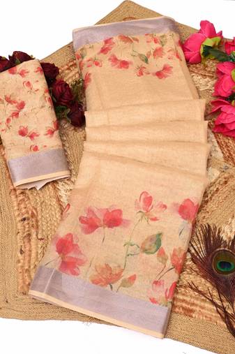 beige multicolor shimmer handloom cotton blend saree with floral print (t sfhcs310)