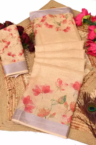 beige multicolor shimmer handloom cotton blend saree with floral print