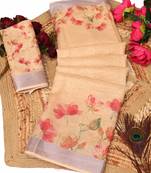 beige multicolor shimmer handloom cotton blend saree with floral print (t sfhcs310)