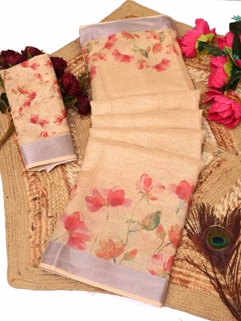 beige multicolor shimmer handloom cotton blend saree with floral print (t sfhcs310)