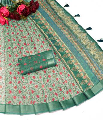sea green shimmer handloom cotton blend saree tonal print 2