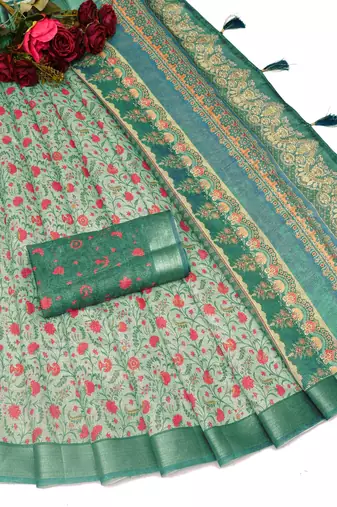 sea green shimmer handloom cotton blend saree tonal print