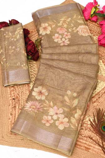 brown multicolor shimmer handloom cotton blend digital print saree