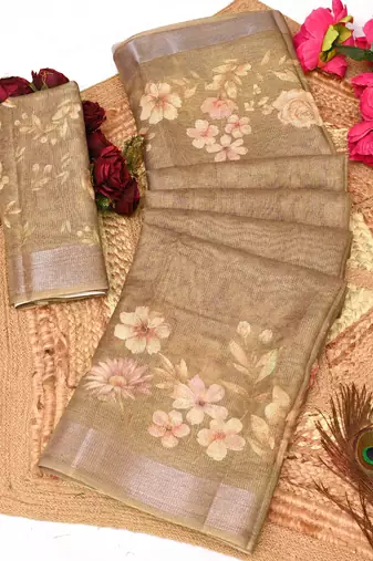brown multicolor shimmer handloom cotton blend digital print saree