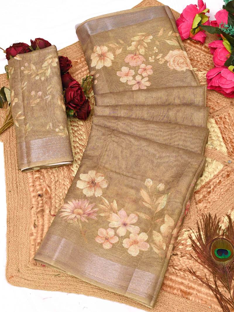 brown multicolor shimmer handloom cotton blend digital print saree