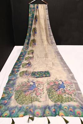 beige green multicolor shimmer handloom cotton blend digital print saree (t sfhcs312) 3