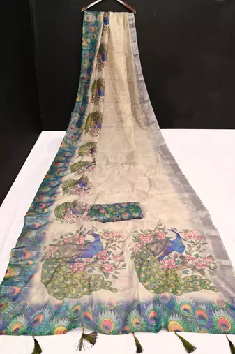 beige green multicolor shimmer handloom cotton blend digital print saree