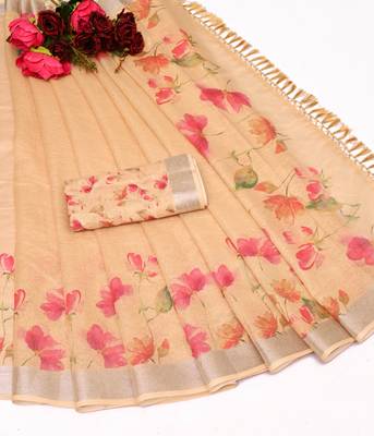 beige multicolor shimmer handloom cotton blend saree with floral print (t sfhcs310) 2