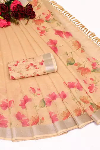 beige multicolor shimmer handloom cotton blend saree with floral print